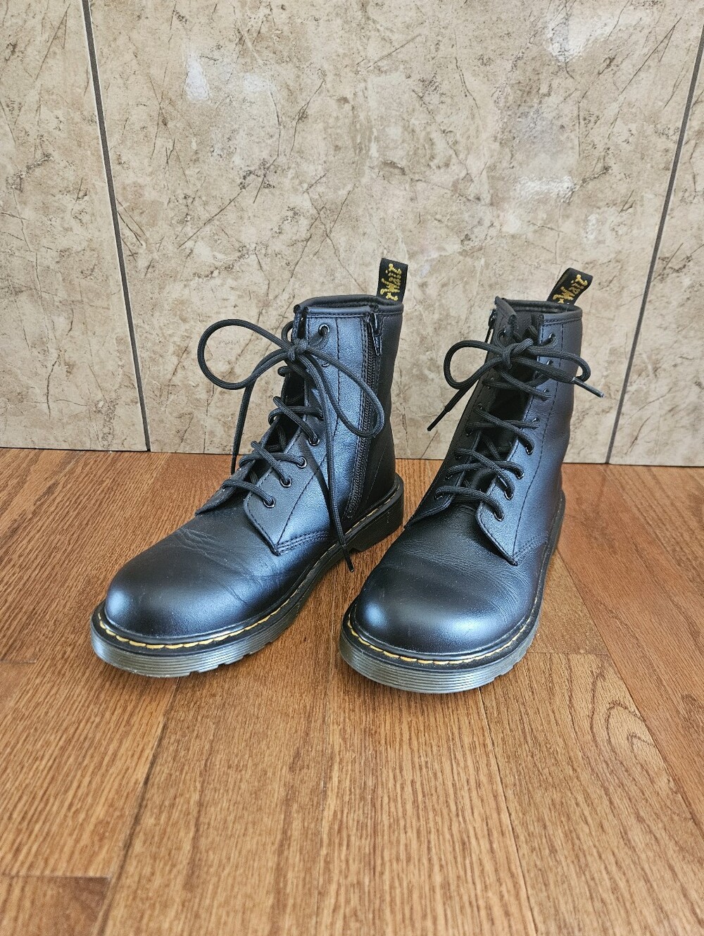 Dr. Martens Black Leather Lace-Up Ankle Boots with Yellow Stitching NWOB